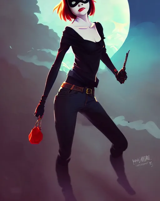 Image similar to emma stone as a thief, black clothing, mask, fantasy, portrait shinkai makoto studio ghibli studio key hideaki anno sakimichan stanley artgerm lau rossdraws james jean marc simonetti elegant highly detailed digital painting artstation pixiv