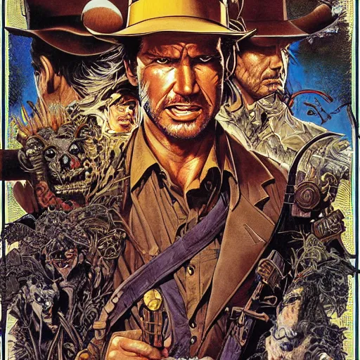 Prompt: portrait of crazy indiana jones, symmetrical, by yoichi hatakenaka, masamune shirow, josan gonzales and dan mumford, ayami kojima, takato yamamoto, barclay shaw, karol bak, yukito kishiro