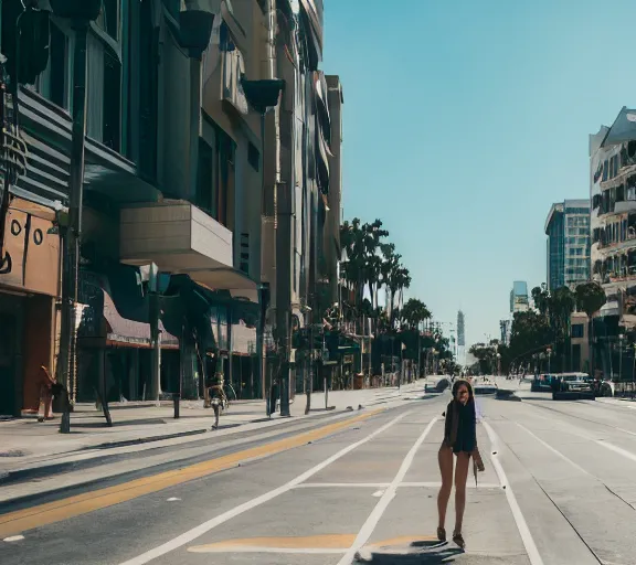 Image similar to photo of an average los angeles street, cinematic color grading, various poses, soft light, faded colors, well framed, sharp focus, 8 k