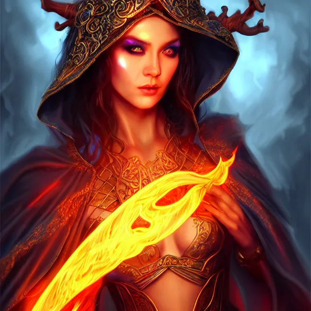 Image similar to beautiful elemental fire witch with ornate robes and staff, highly detailed, 4 k, hdr, smooth, sharp focus, high resolution, award - winning photo, artgerm, photorealistic