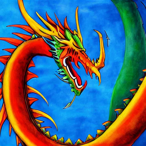 Prompt: a blue dragon, a red dragon, a green dragon and a yellow dragon, photorealistic painting