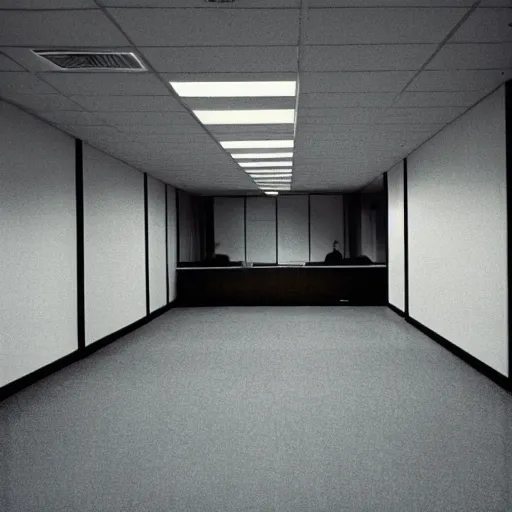 Prompt: a vhs captured photo of a bleak office space with yellow walls, faintly fluorescent lights and no one around. the entire scene is unsettling