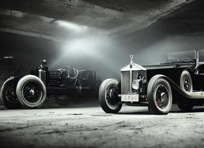 Image similar to Concept car based on Model-T Ford, Rolls Royce Silver Ghost, and the 1936 Mercedes-Benz 500K in an underground garage. Photo-realistic, dark atmospheric, volumetric lighting, moody, dark, cyberpunk, cinematic. Roger Deakins Cinematography, Ikuo Maeda, Thomas Sigel, Yalim Erkaya and Marcus Quach