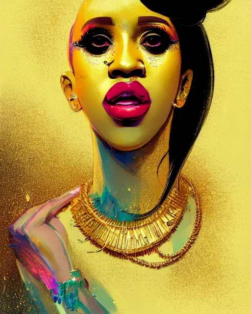 Image similar to Cardi B bathing in a gold tub, futuristic neon, decorated with traditional Japanese ornaments by Ismail inceoglu dragan bibin hans thoma greg rutkowski Alexandros Pyromallis Nekro Rene Maritte Illustrated, Perfect face, fine details, realistic shaded, fine-face, pretty face