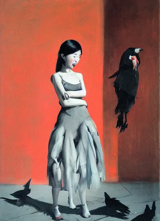 Image similar to a gorgeous asian college girl standing on the knees, frozen cold stare, blood red background, transparent gray skirts, stockings, crows swarming trapped in the void as a symbol of death, in style of surrealism of Francis Bacon painting, Ilya Kuvshinov, John Singer Sargant, Chaim Soutine and Frank Auerbach, American Gothic, 8k, ultradetailed