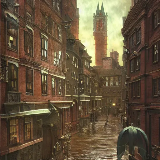 Image similar to boston university in 1 9 2 0's, ultra realistic, colour, concept art, intricate details, night, thunder, raining, eerie, arkham horror, call of cthulhu, elder sign, highly detailed, dark fantasy, photorealistic, octane render, 8 k, unreal engine 5. art by artgerm and greg rutkowski and alphonse mucha