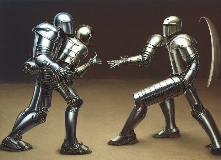 Image similar to fight knights in armor vs robocop, rome, highly detailed, soft lighting, elegant, works by edward hopper and james gillard, zdislaw beksinski, stephen outram, andreas m wiese, highly detailed