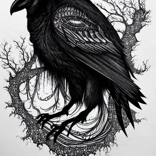 Image similar to mystical raven, black ink on paper, trending on artstation, beautiful, intricate, detailed