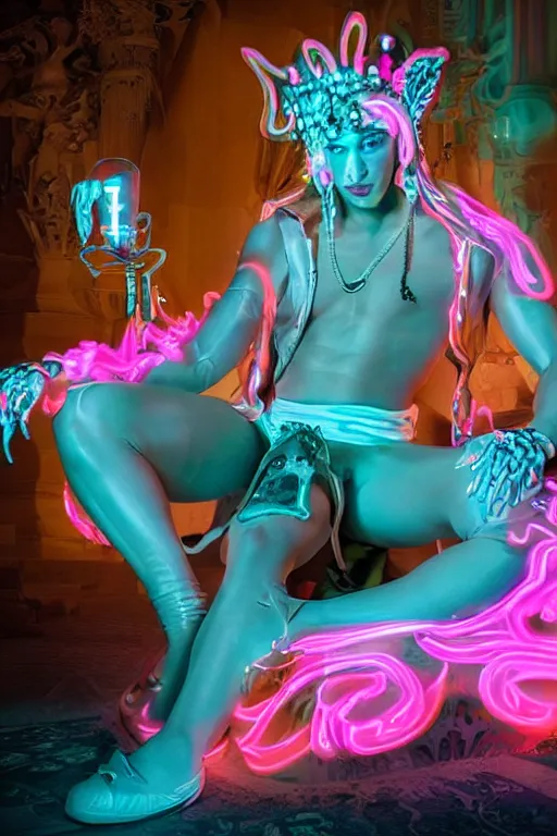 Image similar to full-body rococo and cyberpunk style neon statue of a muscular attractive macho dotado e rico android sim roupa reclining con las piernas abertas e la piroca dura, ethereal white dripping tar, glowing orange lasers, pink tigers, glowing eyes, silver prince crown, black gears, pink diamonds, swirling mint-colored silk fabric. futuristic elements. full-length view. human skulls. large intricate artwork by caravaggio. Trending on artstation, octane render, cinematic lighting from the right, hyper realism, octane render, 8k, depth of field, 3D