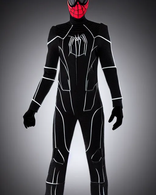 Image similar to black and white cyberpunk spiderman suit sleek suit