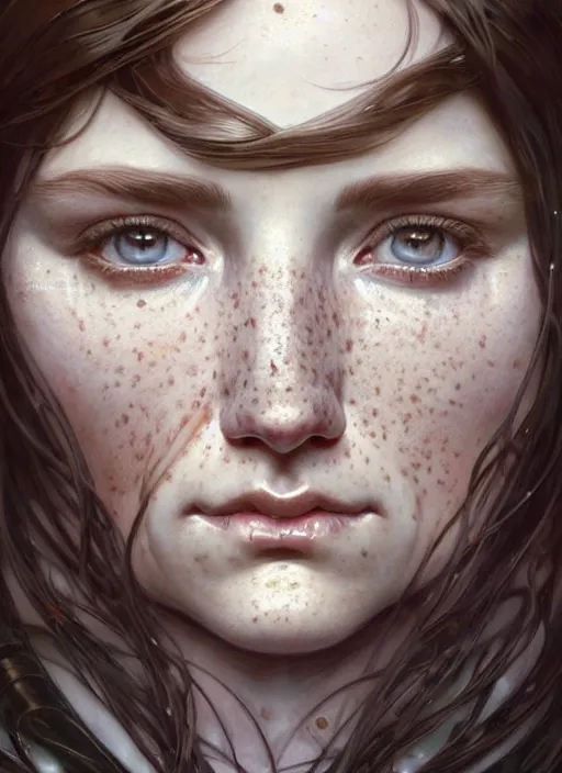 Prompt: close up portrait of wendy thomas, pale young woman with dark freckles and pigtails, big frosty swirled imagery by artgerm, cushart krenz, greg rutkowski, mucha. art nouveau. gloomhaven, golden arches logo, pale colors, sharp edges. ultra clear detailed. 8 k. elegant, intricate, octane render