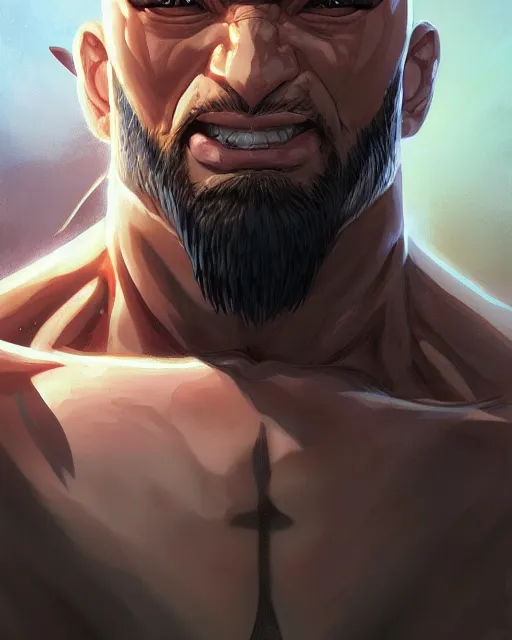 Prompt: An anime portrait of Sagat from street fighter , by Stanley Artgerm Lau, WLOP, Rossdraws, James Jean, Andrei Riabovitchev, Marc Simonetti, and Sakimichan, highly detailed, ultra detailed, golden hour, trending on artstation, cgstudio