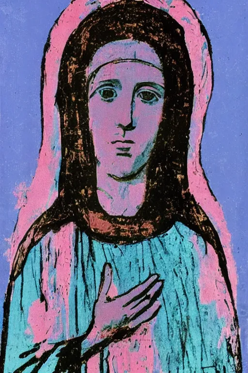 Image similar to virgin mary of lourdes painted by cy twombly and andy warhol