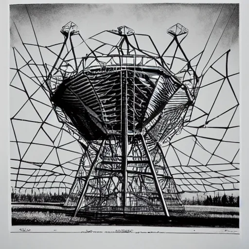 Prompt: ultra precise, asymmetric fineliner drawing of an abandoned duga radar array in ukraine, bold lines, gallery quality, photorealistic, 4 k, very detailed, 8 k