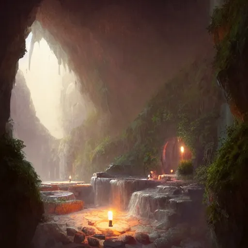 Image similar to cozy, hotspring hidden in a cave, candlelight, towels, cushions, natural light, roses, lush plants and flowers, elegant, smooth cave rock, fantasy, atmospheric lighting, digital painting, Greg Rutkowski concept art