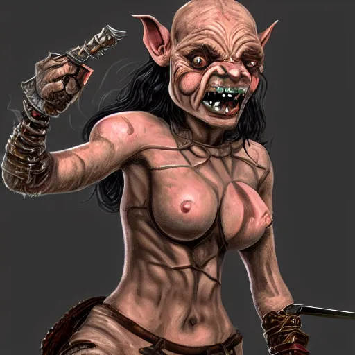 Prompt: character portrait of a crazed female goblin wielding daggers and wearing leather armor. d & d. digital painting. high detail. trending on artstation.