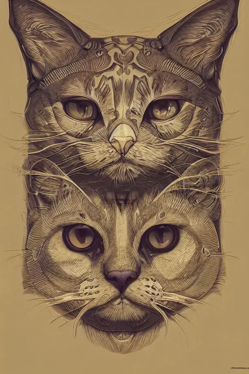 Image similar to geometric cat portrait, identical eyes, medium shot, fantasy, illustration, detailed line work, symmetrical, acid vintage color palette, artstation, hyper detailed, cinematic lighting, incredibly detailed and intricate, ornate, by peter mohrbacher