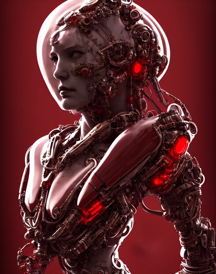 Prompt: portrait, antique marble statue, super hero pose, red biomechanical dress, inflateble shapes, wearing epic bionic cyborg implants, masterpiece, intricate, biopunk futuristic wardrobe, highly detailed, art by akira, mike mignola, artstation, concept art, background galaxy, cyberpunk, octane render