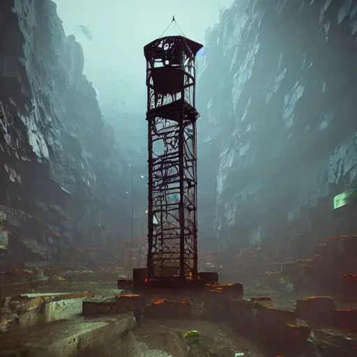 Image similar to an abandoned old rusty clocktower in a dark enormous cave, Low level, rendered by Beeple, Makoto Shinkai, syd meade, simon stålenhag, synthwave style, digital art, unreal engine, WLOP, trending on artstation, 4K UHD image, octane render