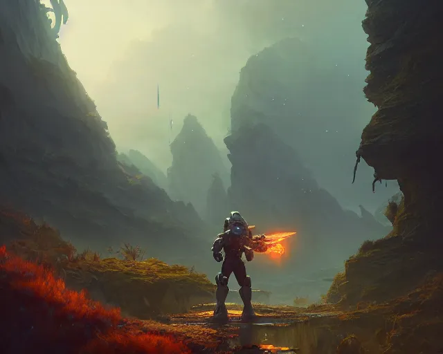 Image similar to master chief, unreal engine, fantasy art by greg rutkowski, loish, rhads, ferdinand knab, makoto shinkai and lois van baarle, ilya kuvshinov, rossdraws, tom bagshaw, global illumination, radiant light, detailed and intricate environment