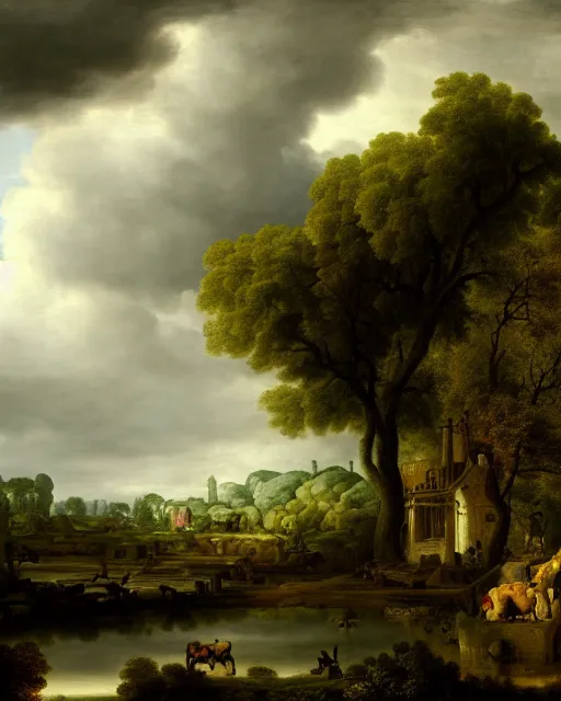 Image similar to reclaimed by nature by jacob van ruisdael, wallpaper, highly detailed, trending on artstation.