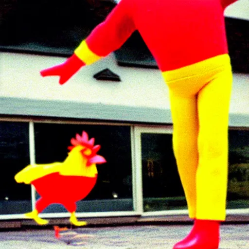 Prompt: ronald mcdonald dancing in a chicken battery.