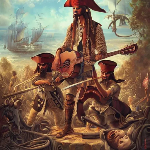 Image similar to ultra realist soft painting of pirate folk musicians playing music, pirate ship, pirates watching, symmetry accurate features, very intricate details, focus, artstyle Hiraku Tanaka and Tom Bagshaw, award winning