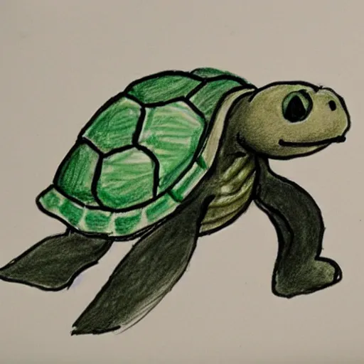 Prompt: a child's drawing of a turtle holding a receipt that says NFT! on it