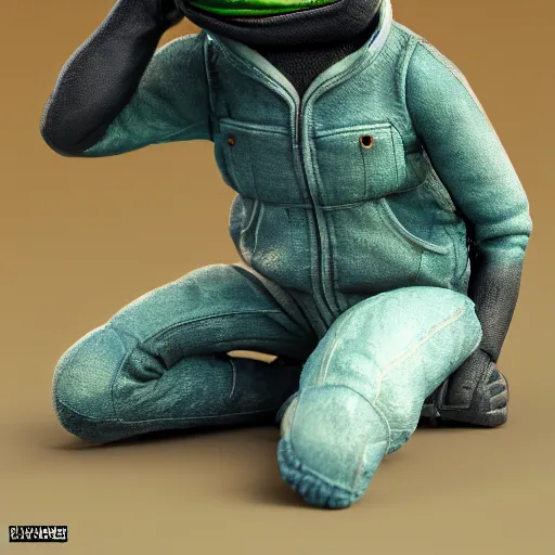 Image similar to perfectly accurate miniature figure of pepe the frog wearing jeans and a black leather jacket, soft textures, skin texture, clothing, 3d sculpture, textured, fine detail, lifelike, photo, high resolution, octane render, post processing, after effects, trending on artstation