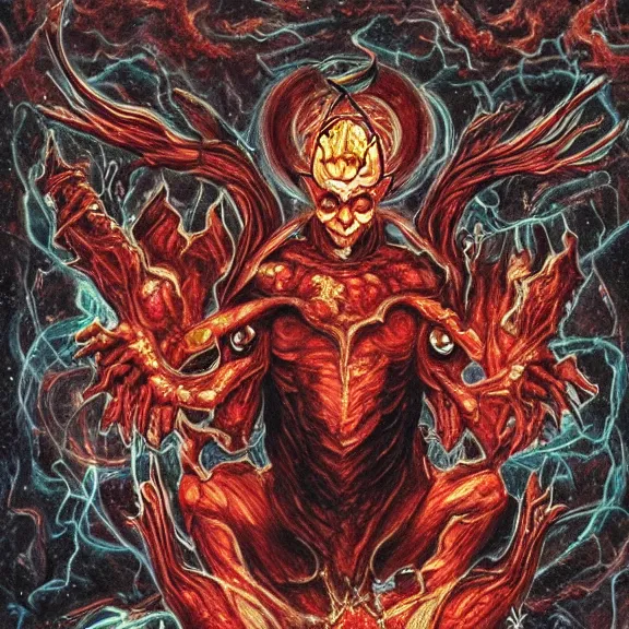Prompt: a cosmic deity of chaotic blood wars embodied in the offspring of evil gods incarnate so they may feed on the broken souls of the empty shells of the created humans made for one thing but to be soulfood for the wicked damn
