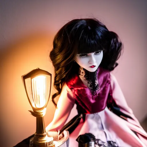 Image similar to adorable vampire themed high end fashion doll and accessories, on a table under a lamp light shining down over it like a spot light, god rays, dust particles, photorealistic, aesthetic shot, worms eye view, macro camera lens, high definition, thematic, cinematic, lens flare