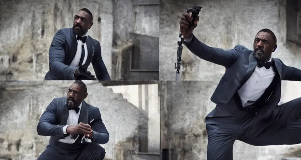 Image similar to idris elba as james bond, cinematic action scene, struggling to not fall off a building, straining, tuxedo, color corrected, promotional movie shot