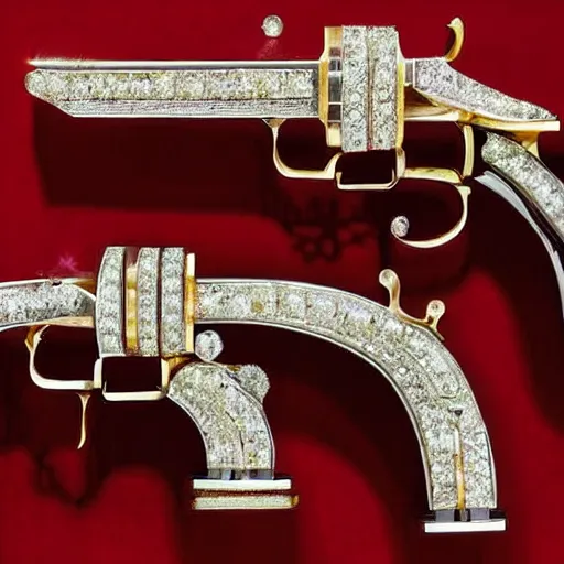 Image similar to an elegant set of dueling pistols decorated made from from giant carved rubies, diamonds and emeralds