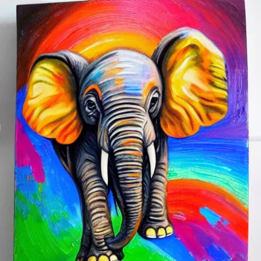 Prompt: cute baby elephant holding paintbrush in it's trunk painting colorful swirls on an artist easel detailed oil painting 4k