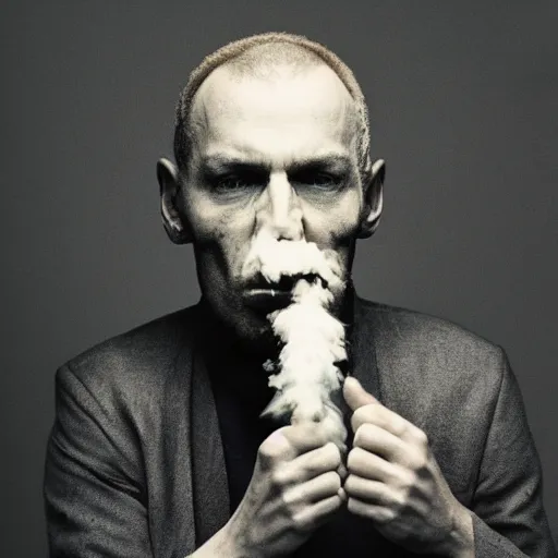 Prompt: annie liebowitz photo of a man with a puff of smoke instead of a head