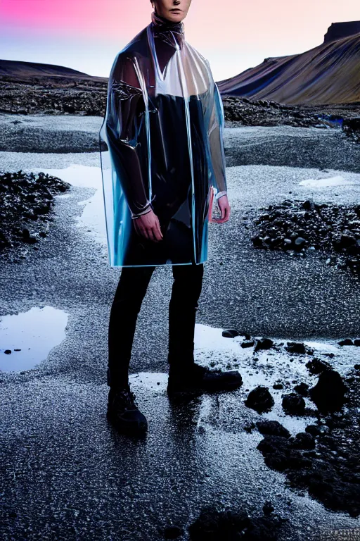 Image similar to an ultra high definition professional high fashion portrait studio full length photograph of a male model wearing a transparent pearlescent raincoat and neon visor in an icelandic black rock environment at dawn. no artefacts. extremely detailed. stark. refraction. shallow depth of field. volumetric light and shadow. ray tracing. light rays.