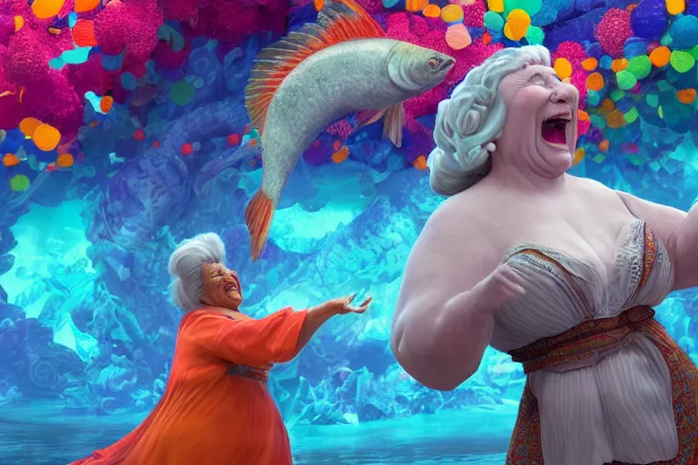 Prompt: of a very beautiful scene. ambient occlusion render. a sweet fat old woman is dancing with a huge colorful fish. hyper realistic. 4 k. wide angle. wild happiness. symmetrical face, red mouth, blue eyes. deep focus, lovely scene. ambient occlusion render. concept art. artstation. unreal engine.