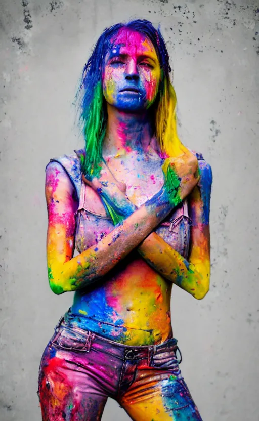 Image similar to grungy woman, rainbow hair, soft eyes and narrow chin, dainty figure, wet t-shirt, torn overalls, skimpy shorts, covered in paint, Sony a7R IV, symmetric balance, polarizing filter, Photolab, Lightroom, 4K, Dolby Vision, Photography Award