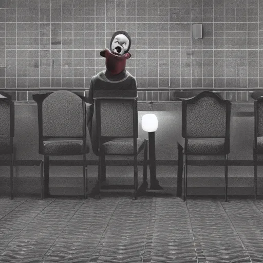 Image similar to Clown sitting in an empty diner at night, digital art, award-winning art, matte painting, horror, scary, eerie, ominous, unnerving, 8k