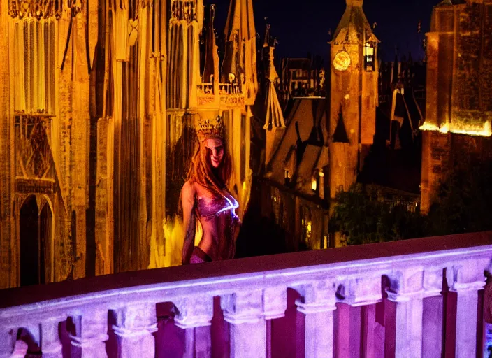 Image similar to a beautiful queen stands on a balcony overlooking a fantasy medieval gothic city at night, glow rays, 3 5 mm photography