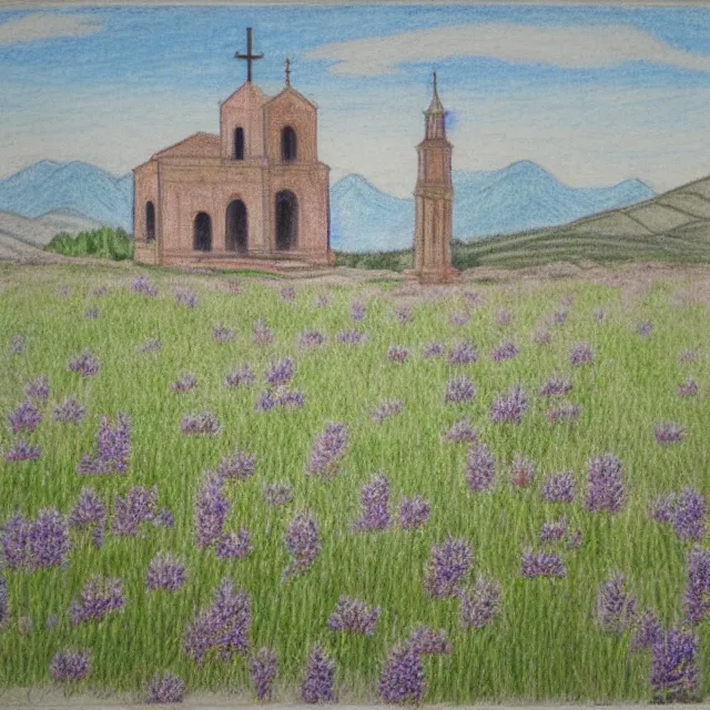 Prompt: abandoned church near a lavander field in italian landscape, colored pencil drawing