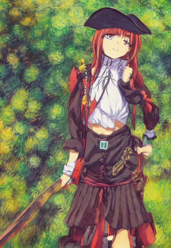 Prompt: wide angle painting of a teenage pirate girl, a thrifty uniform, somewhat of an anime in impressionist style, fantasy forest background, trending artwork, illustrated in anime painter studio, by claude monet and an anime artist, collaboration