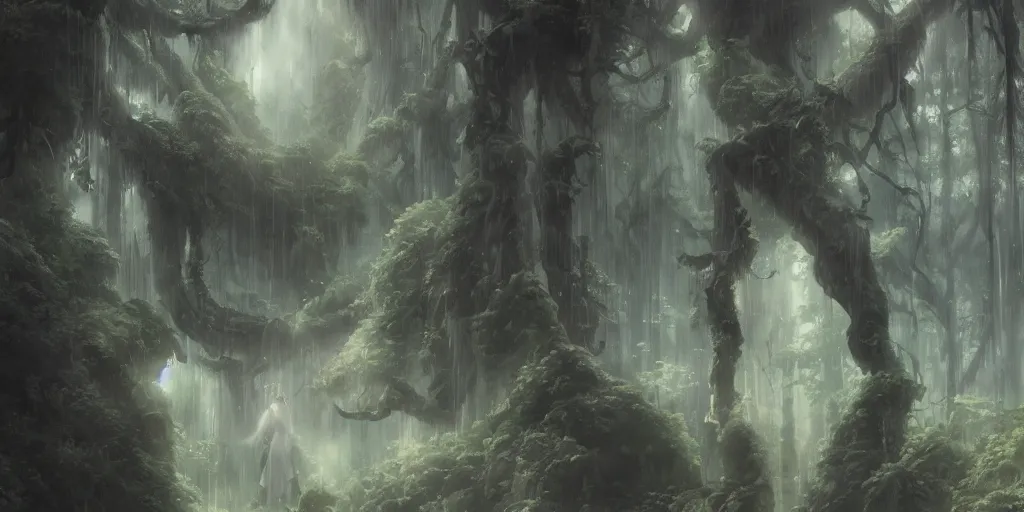 Image similar to a film still portrait of an ominous spirit, finely detailed features,, perfect art, an ancient primordial rainforest trending on pixiv fanbox, painted by greg rutkowski makoto shinkai takashi takeuchi studio ghibli