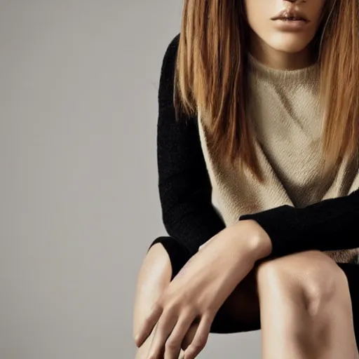 Image similar to close up of face of female fashion model, sitting on chair, beige colors, official jil sander editorial, highly detailed