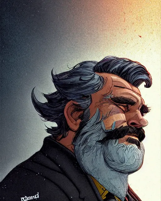 Image similar to reinhardt from overwatch, josh brolin, gray hair and beard, character portrait, portrait, close up, concept art, intricate details, highly detailed, vintage sci - fi poster, retro future, in the style of chris foss, rodger dean, moebius, michael whelan, and gustave dore