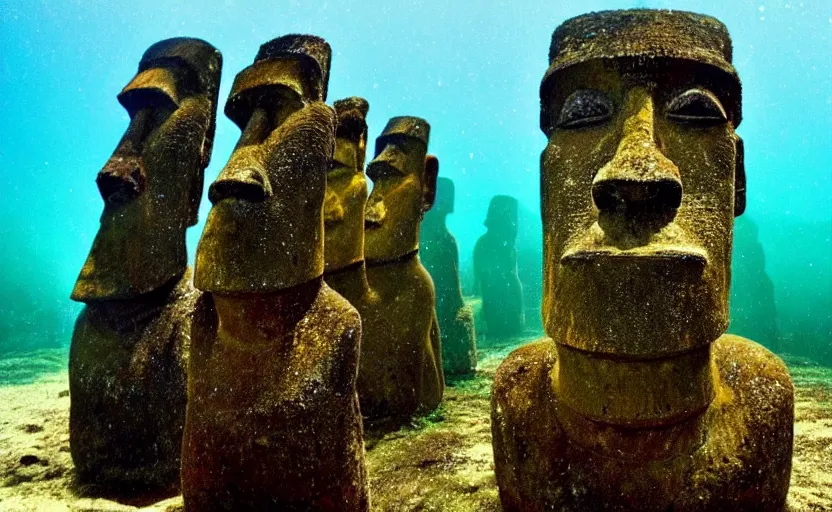 Prompt: easter island statue, underwater, sunken, photography