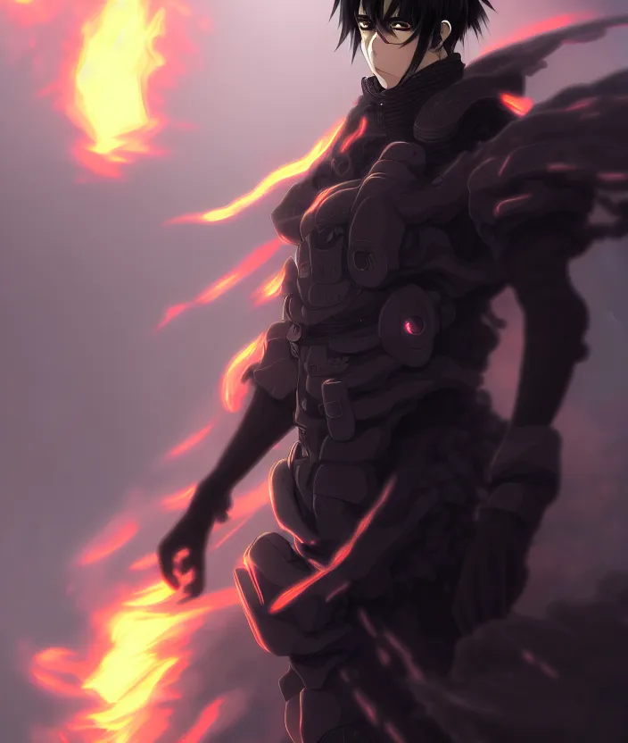 Image similar to a detailed manga illustration character full body portrait of a dark haired cyborg anime man shrouded in clouds of dark smoke and fire, trending on artstation, digital art, 4 k resolution, detailed, high quality, sharp focus, hq artwork, insane detail, concept art, character concept, character illustration, full body illustration, cinematic, dramatic lighting