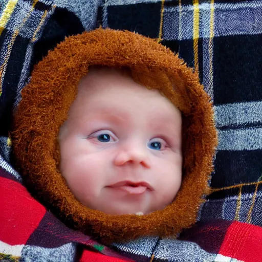 Image similar to close up photo of a baby Scotsman in a kilt hatching out of a Scotch egg