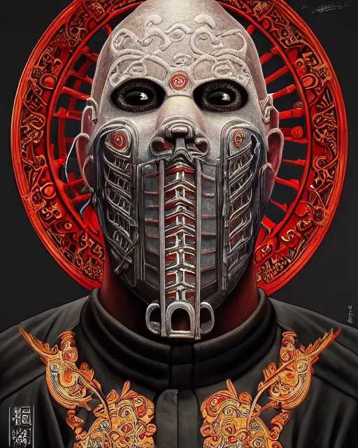 Image similar to portrait of slipknot band, upper half portrait, decorated with chinese opera motifs, asian, bian lian, traditional chinese art, intricate, elegant, highly detailed, symmetry, digital painting, artstation, concept art, smooth, sharp focus, illustration, art by artgerm and greg rutkowski and alphonse mucha, 8 k