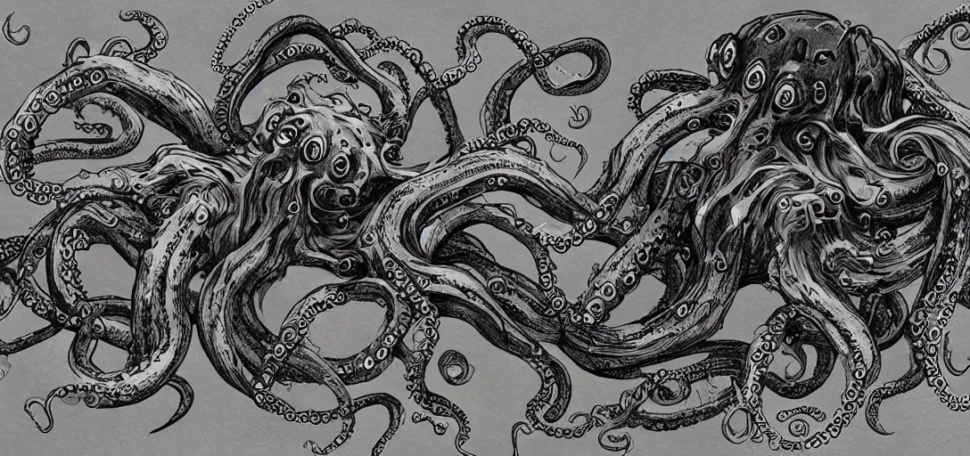 Image similar to concept art of octopus attack, lovecraftian, lots of teeth, melting horror, fighting the horrors of the unknown with laser guns